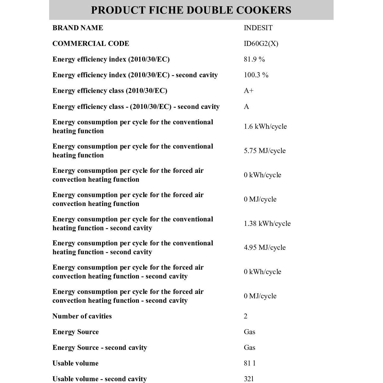 Indesit ID60G2W Gas Double Cooker White 60cm