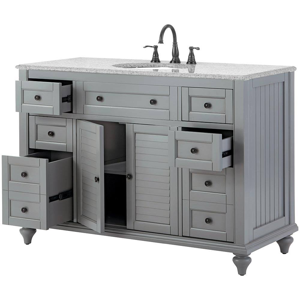 Home Decorators Collection Hamilton Shutter 49.5 in. W x 22 in. D Bath Vanity in Gray with Granite Vanity Top in Gray with White Sink | Bathroom Vanities