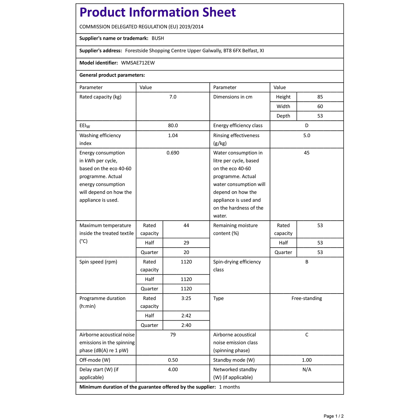 Bush WMSAE712EW Free Standing 7kg 1200 Spin Washing Machine - White