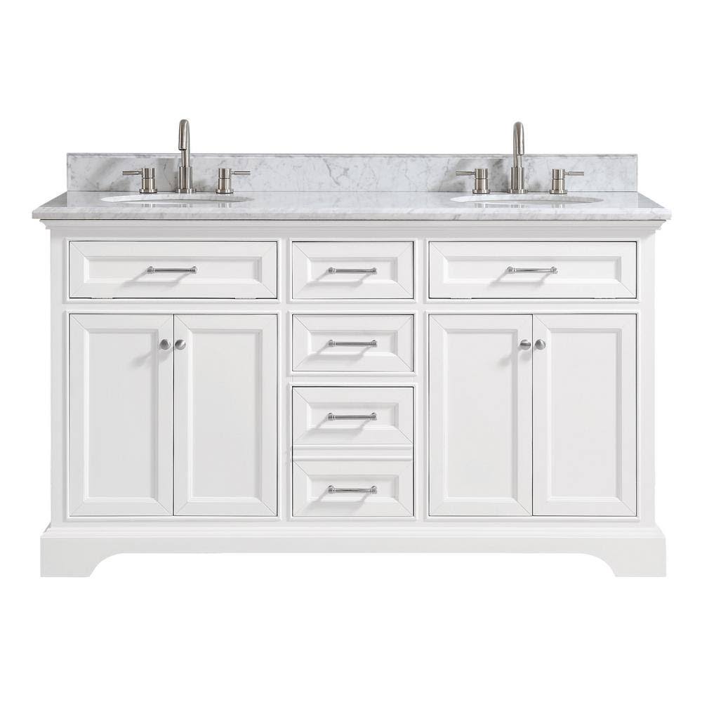 Home Decorators Collection Windflower 61 in. W x 22 in. D x 35 in. H Bath Vanity in White with Carrera Marble Vanity Top in White | Bathroom Vanities