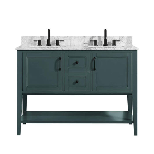 Home Decorators Collection Sherway 49 in. W x 22 in. D Bath Vanity in Antigua Green with Marble Vanity Top in Carrara White with White Basins | Bathroom Vanities