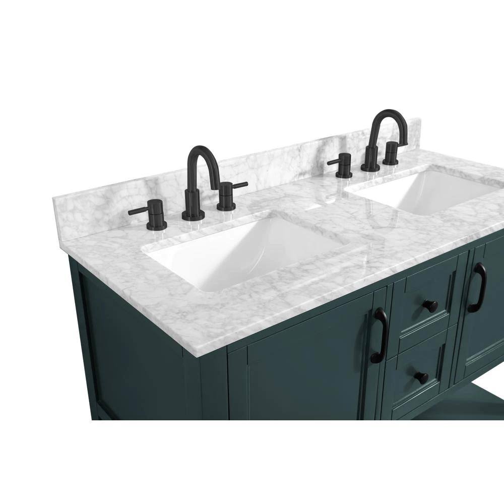 Home Decorators Collection Sherway 49 in. W x 22 in. D Bath Vanity in Antigua Green with Marble Vanity Top in Carrara White with White Basins | Bathroom Vanities