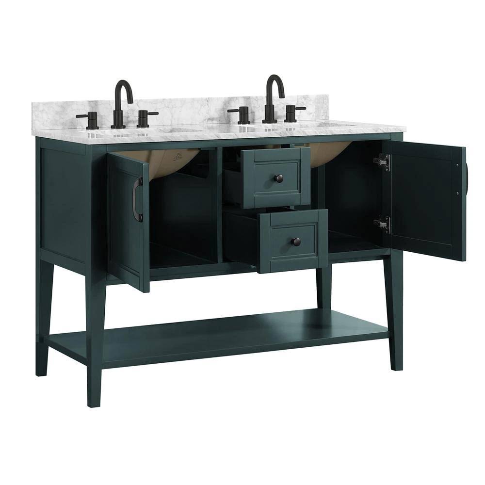 Home Decorators Collection Sherway 49 in. W x 22 in. D Bath Vanity in Antigua Green with Marble Vanity Top in Carrara White with White Basins | Bathroom Vanities