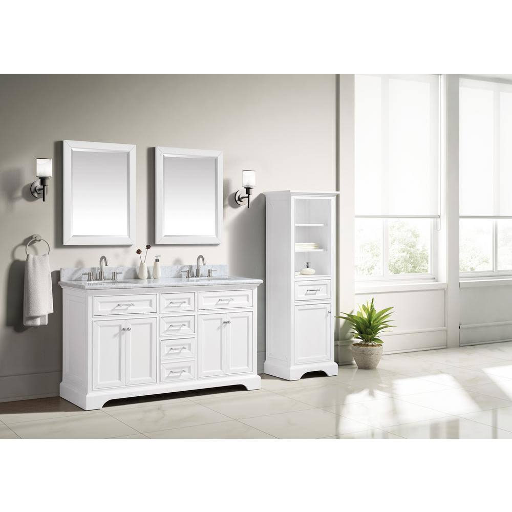 Home Decorators Collection Windflower 61 in. W x 22 in. D x 35 in. H Bath Vanity in White with Carrera Marble Vanity Top in White | Bathroom Vanities