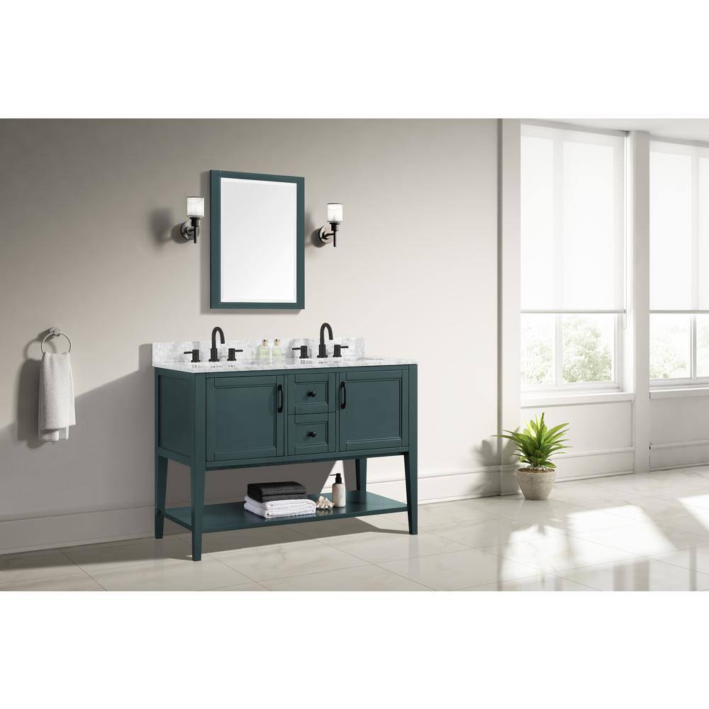 Home Decorators Collection Sherway 49 in. W x 22 in. D Bath Vanity in Antigua Green with Marble Vanity Top in Carrara White with White Basins | Bathroom Vanities