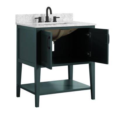 Home Decorators Collection SHERWAY 31 in. W x 22 in. D Bath Vanity in Antigua Green with Marble Vanity Top in Carrara White with White Basin | Bathroom Vanities