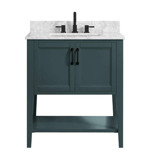 Home Decorators Collection SHERWAY 31 in. W x 22 in. D Bath Vanity in Antigua Green with Marble Vanity Top in Carrara White with White Basin | Bathroom Vanities