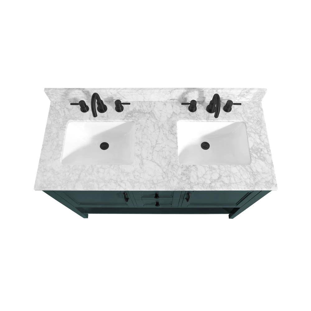 Home Decorators Collection Sherway 49 in. W x 22 in. D Bath Vanity in Antigua Green with Marble Vanity Top in Carrara White with White Basins | Bathroom Vanities